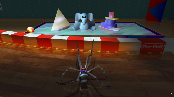 Spider faces elephant in bathtub (Re-Volt screenshot, spider is actually a custom car)